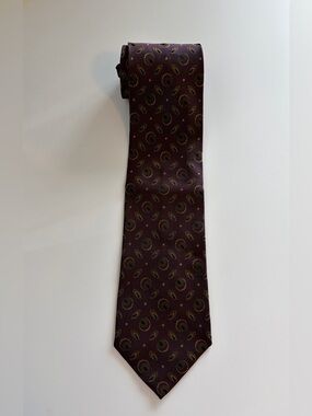 Ermenegildo Zegna 100% Silk Tie Burgundy Olive Gold Geometric Pattern